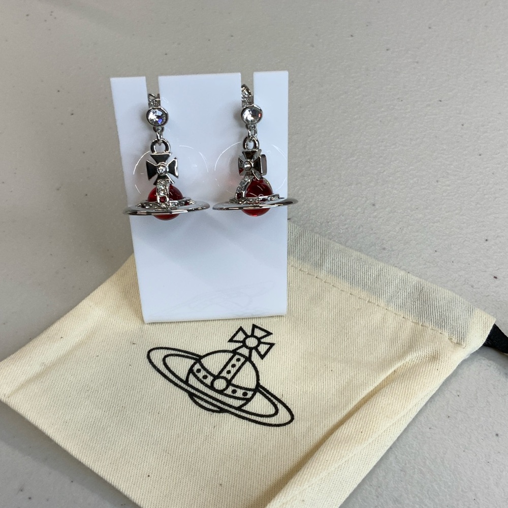 Vivienne Westwood Silver Tone Drop Earrings with Red orb new no tags w/dustbag